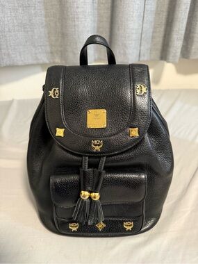 MCM Black Leather Logo Accent Drawstring Backpack